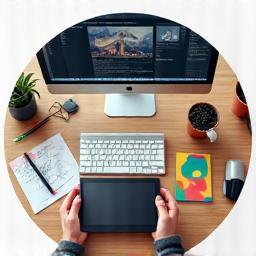 Graphic designer's desk with colorful illustrations, representing graphic design
